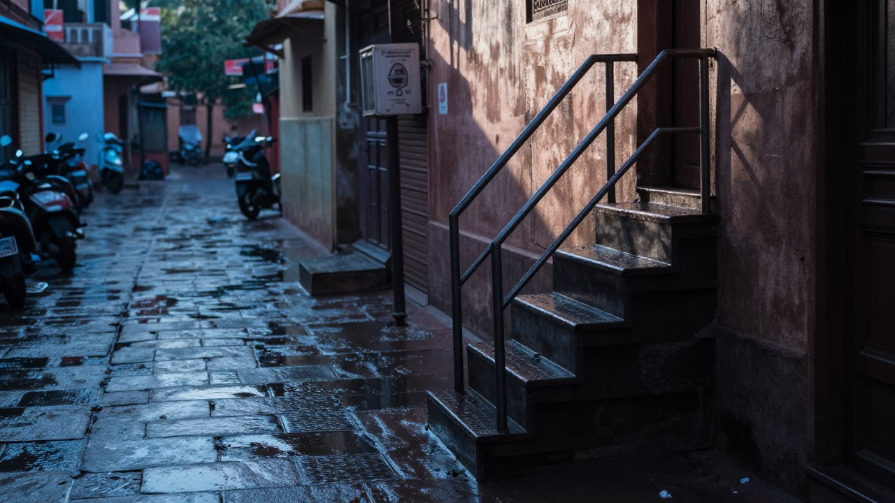 Jaipur Morning Street Scene with Stair Rail and Wet Flagstones Before Sunrise in in Jaipur, India