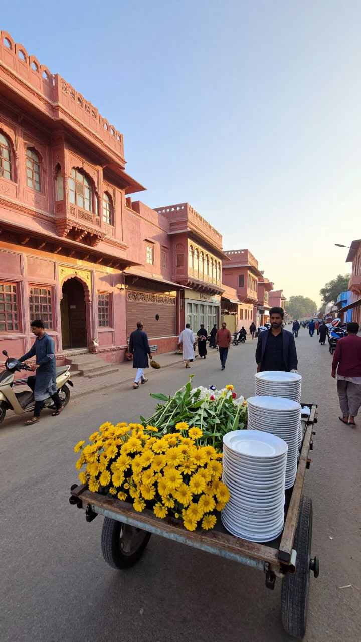 Jaipur Morning Street Scene with Yellow Flowers and Stacked Plates in in Jaipur, India