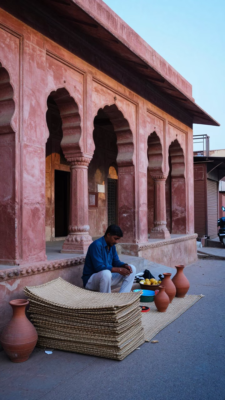 Jaipur morning street vendor with woven mats and terracotta bowls in in Jaipur, India