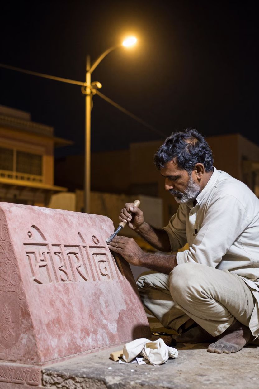 Jaipur Night Street Scene Stone Mason Carving Letters Under Deep Sky in in Jaipur, India