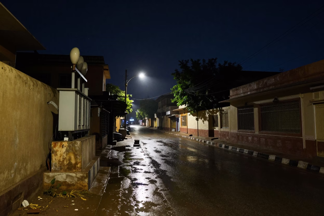 Jaipur Night Street Scene Under Deep Sky With Oil-Sheen Puddle And Local Life in in Jaipur, India