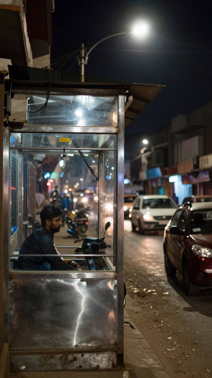 Jaipur Night Street Scene with Brushed Steel Window and Construction Activity in in Jaipur, India