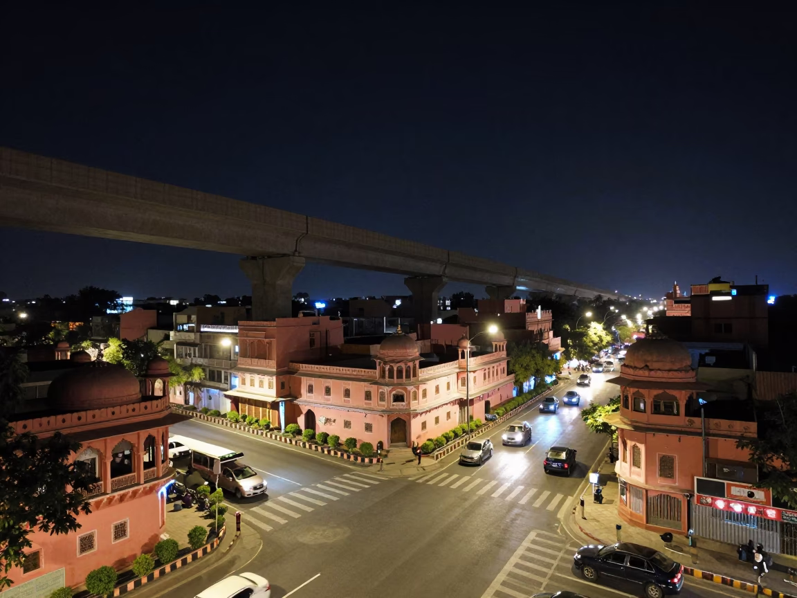 Jaipur Night Street Scene with Highway Flyover and Traditional Architecture in in Jaipur, India
