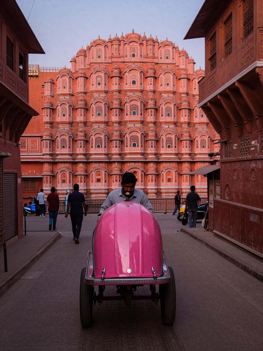 Jaipur Pink City Street Scene Before Dusk with Glossy Enamel Vending Cart and Canisters in in Jaipur, India