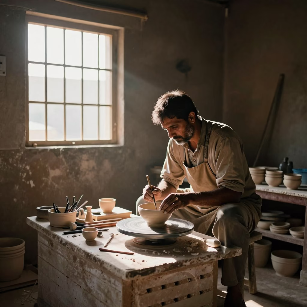 Jaipur Potter Glazing Bowl in Kiln Room Late Afternoon Light in in Jaipur, India