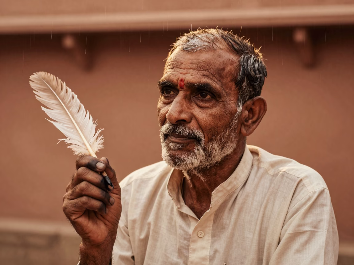 Jaipur Scribe Portrait in Golden Rain in in Jaipur
