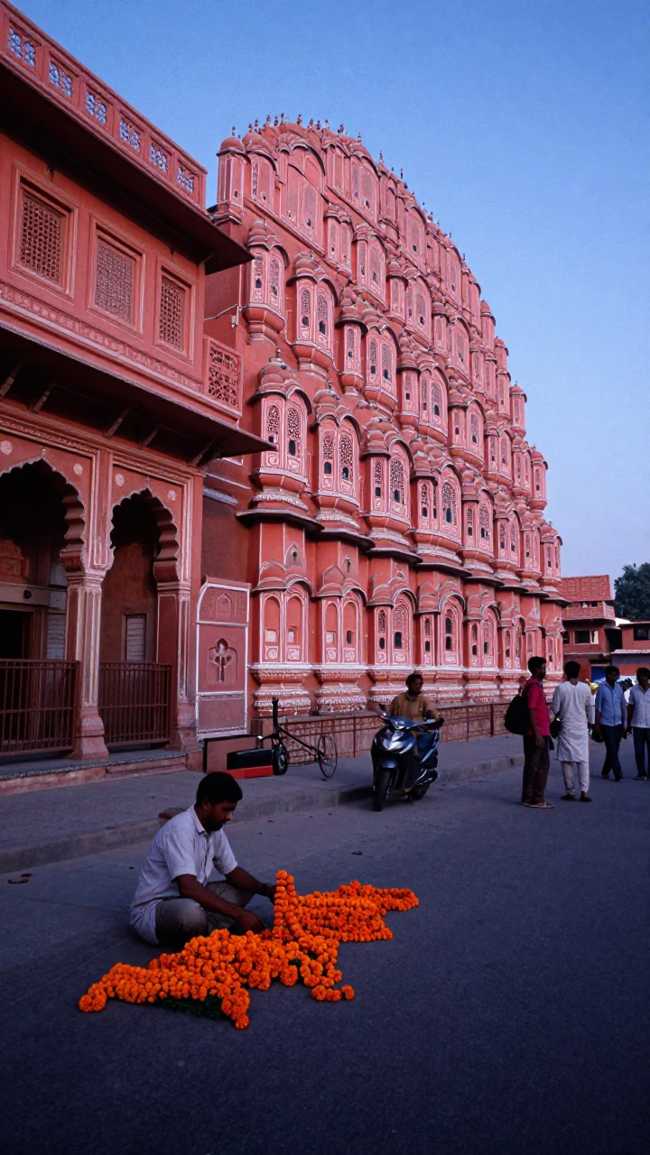 Jaipur Street at Nautical Dawn with Pink Sandstone and Daily Market Activity in in Jaipur, India