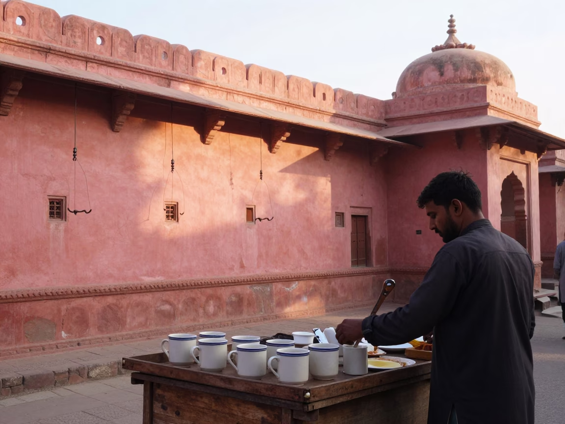 Jaipur Street Breakfast at Sunrise with Iron Hooks and Ceramic Mugs in in Jaipur, India