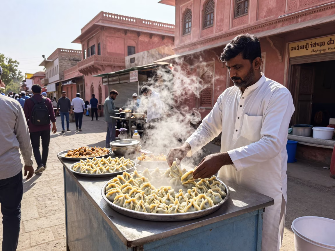 Jaipur Street Food Stall Midmorning with Manti Dumplings and Garlic Yogurt in in Jaipur, India