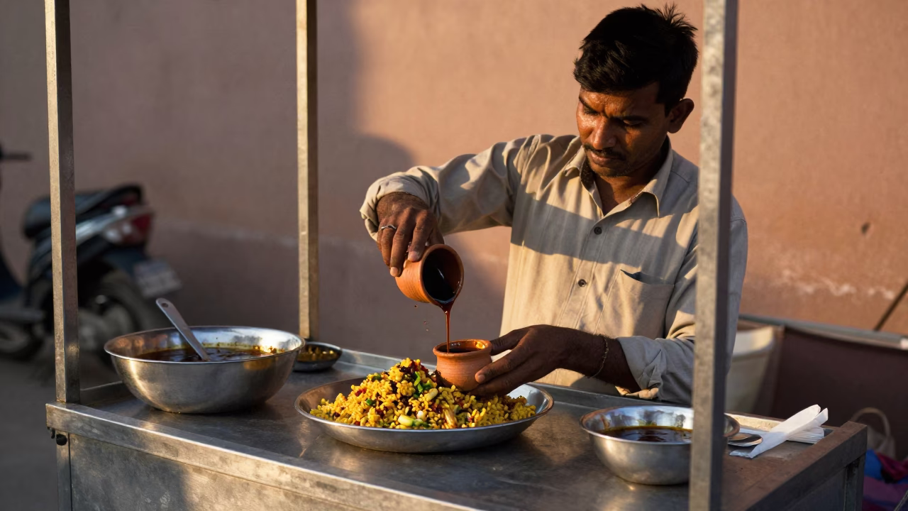 Jaipur street food vendor serving chaat with tamarind chutney in honeyed evening light in in Jaipur, India