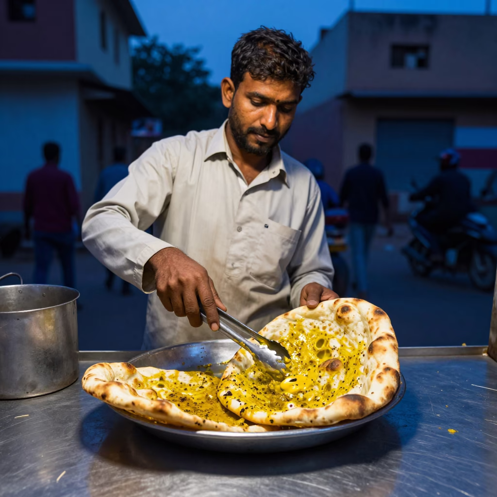 Jaipur street food vendor serving hot garlic butter naan under evening blue light in in Jaipur, India