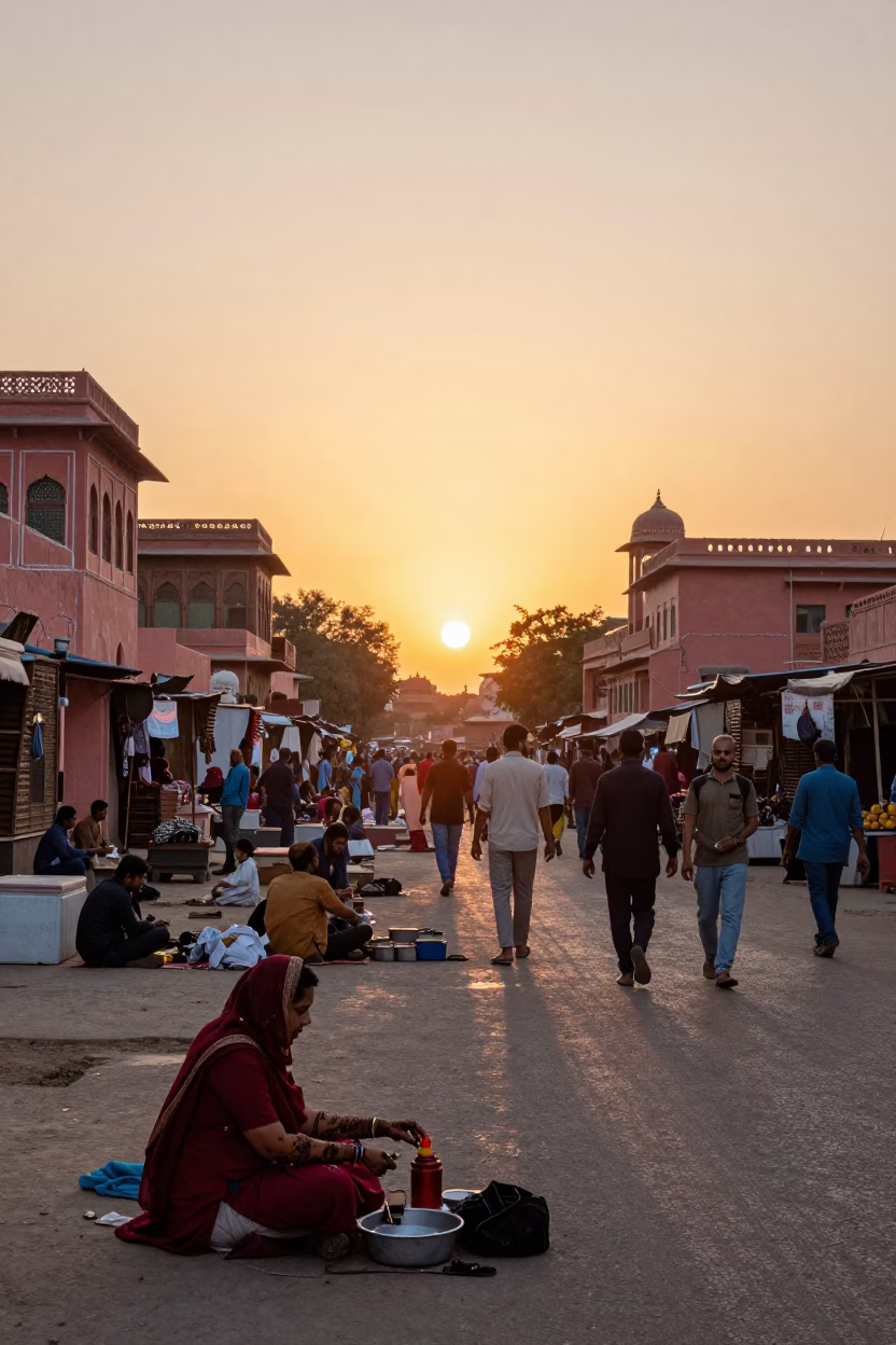 Jaipur Street Market at Sunset with Henna Artist and Dusting Cloth in in Jaipur, India