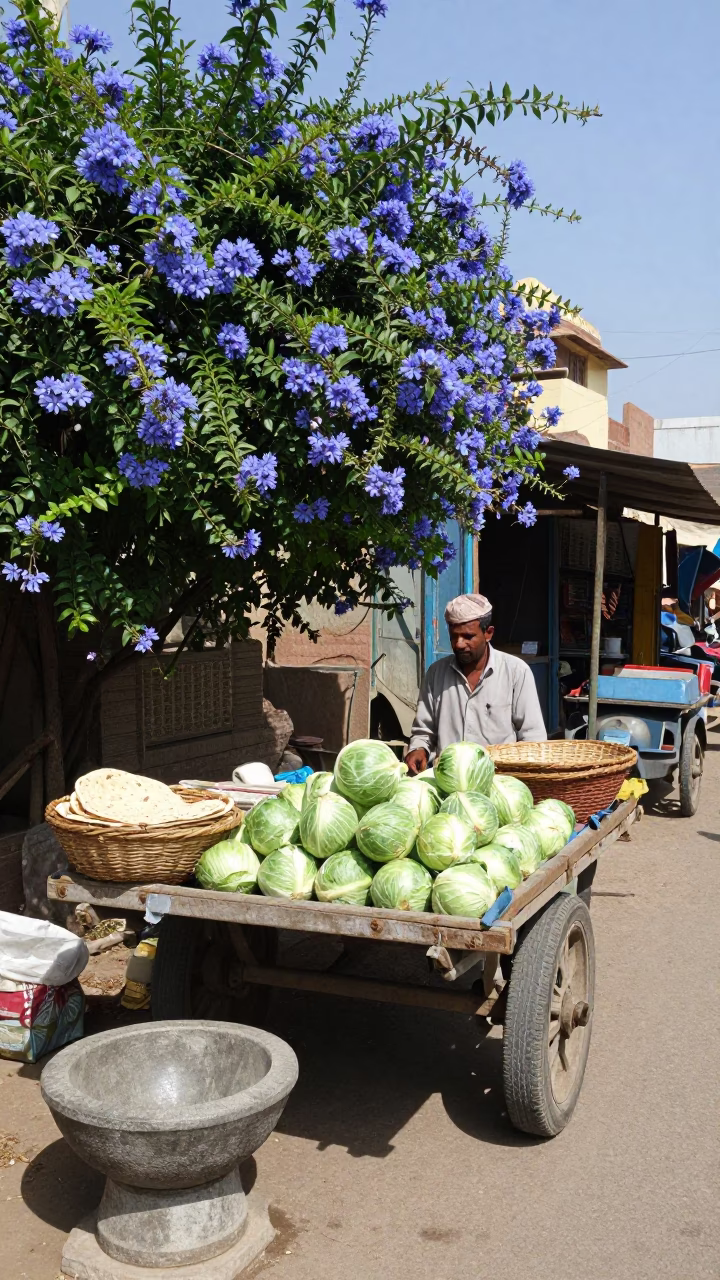 Jaipur street market stall with plumbago hedge and mortar under noon glare in in Jaipur, India