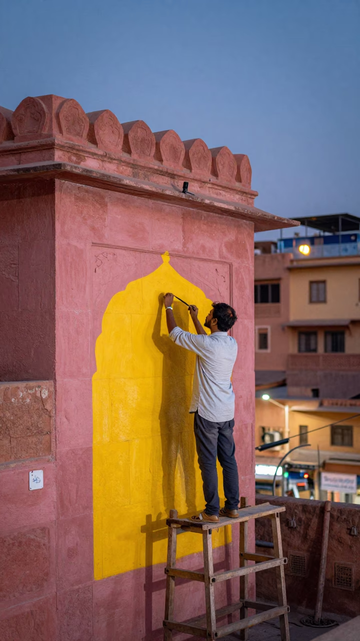 Jaipur street mural painting at dusk with city lights beginning to glow in in Jaipur, India