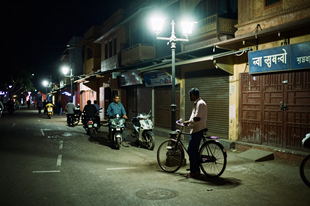 Jaipur Street Scene at Deep In The Night Light in in Jaipur, India