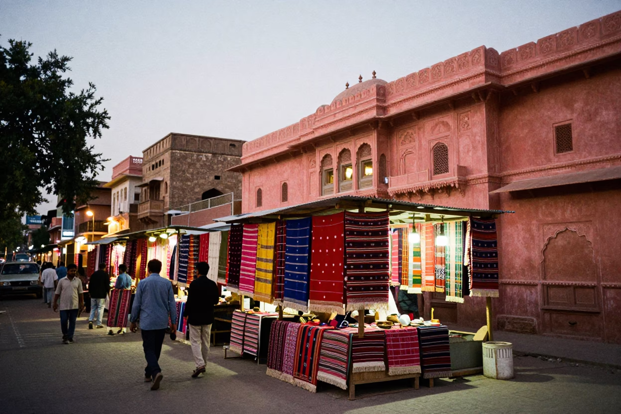 Jaipur Street Scene at Dusk with Colorful Textiles and Local Market Activity in in Jaipur, India