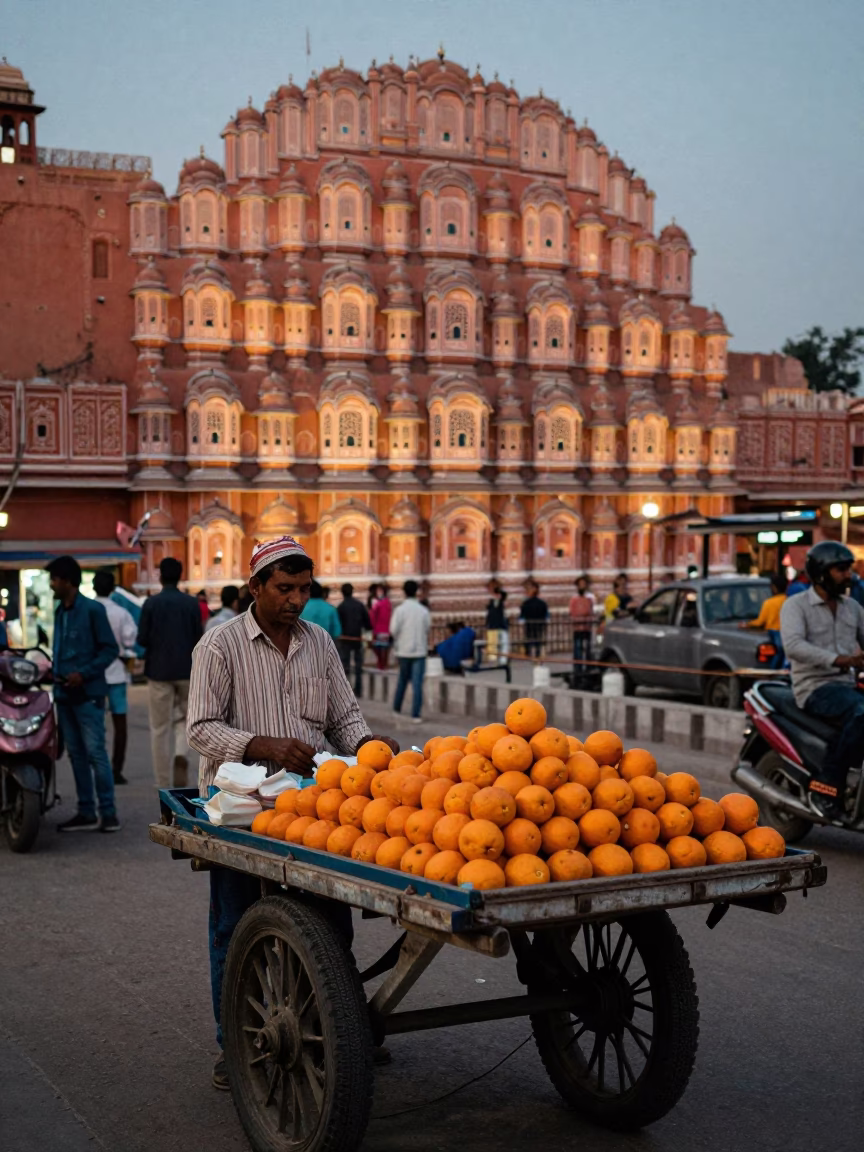 Jaipur street scene at dusk with fruit vendor and city lights beginning to glow in in Jaipur, India