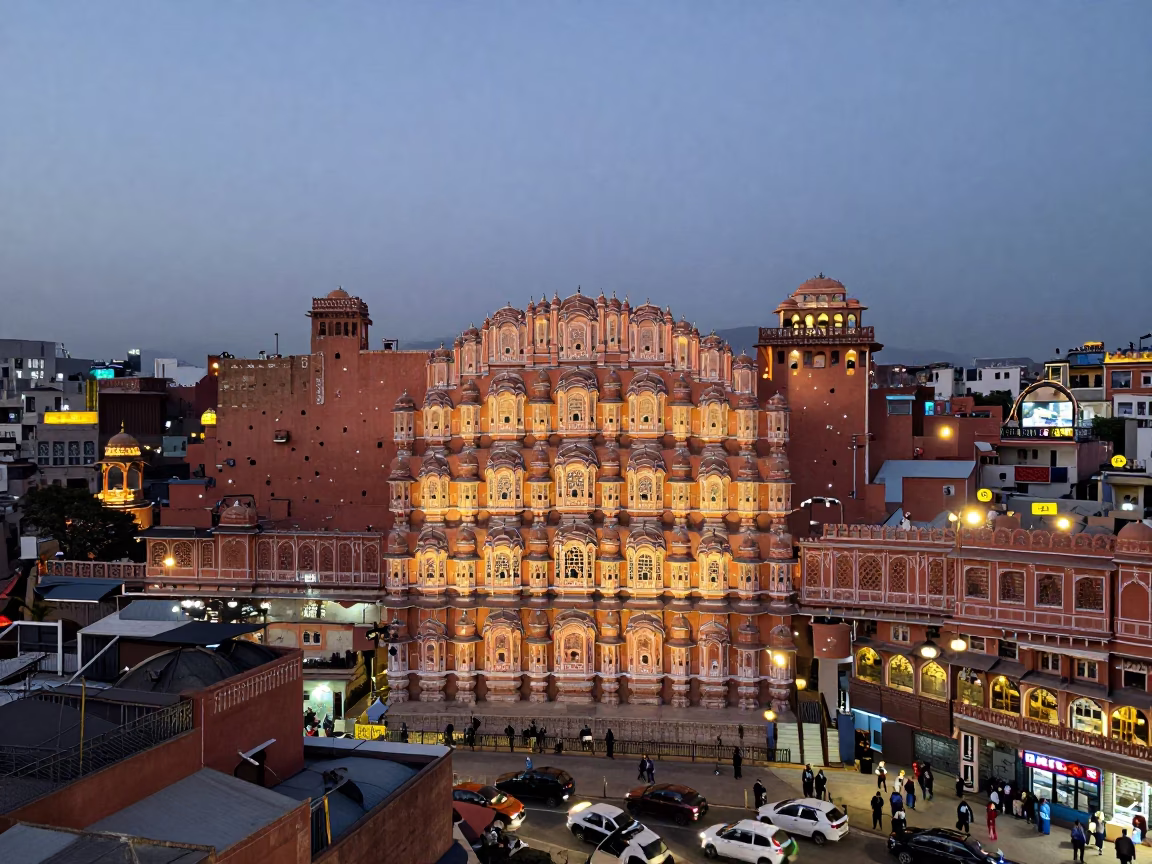 Jaipur street scene at dusk with glowing city lights and local commerce in in Jaipur, India