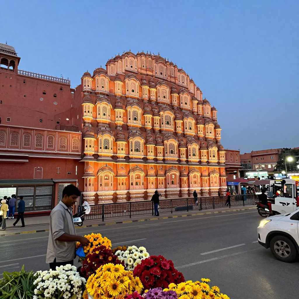 Jaipur Street Scene at Dusk with Pink City Architecture and Local Market Activity in in Jaipur, India