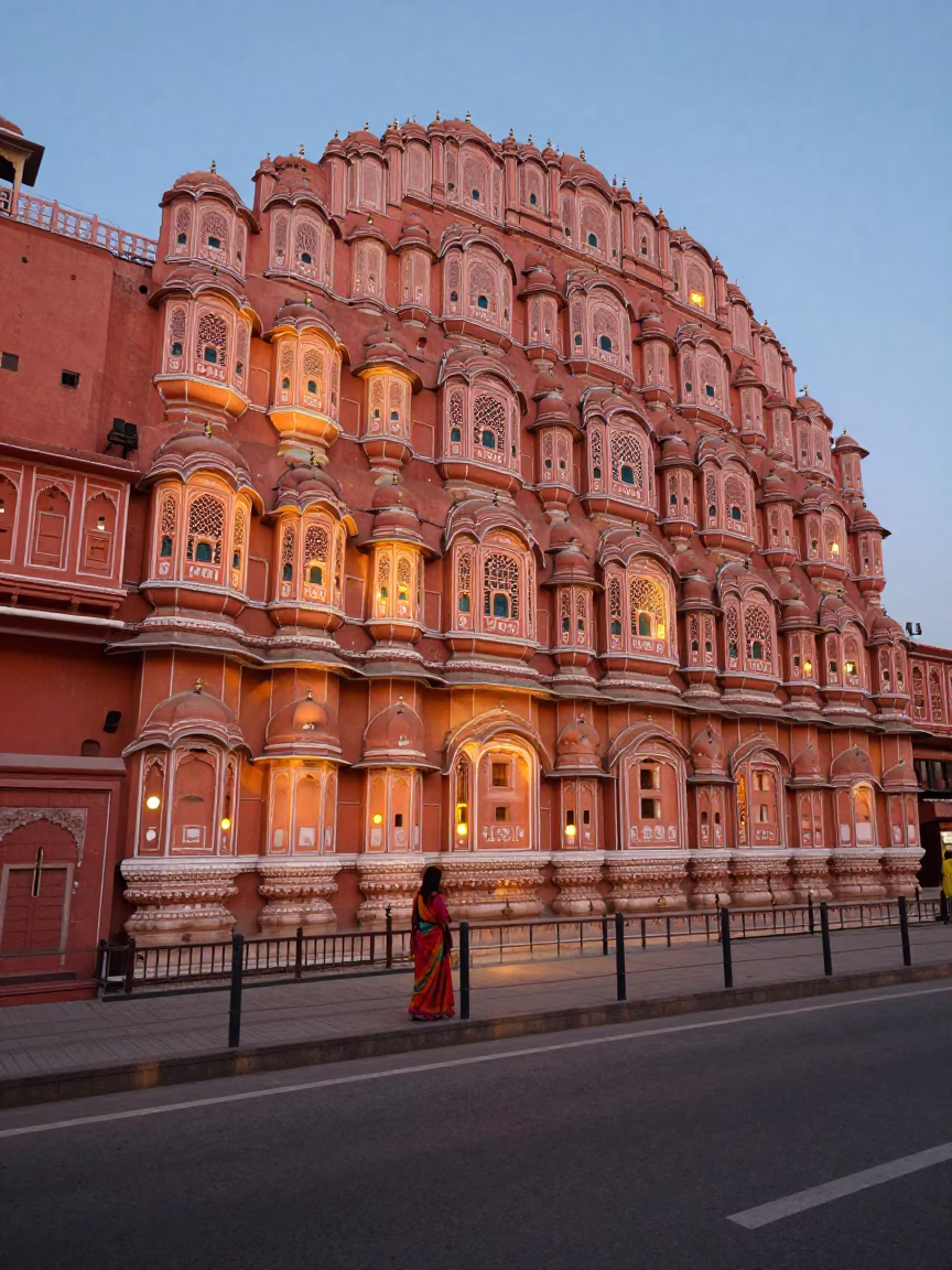 Jaipur street scene at dusk with pink sandstone architecture and glowing lights in in Jaipur, India