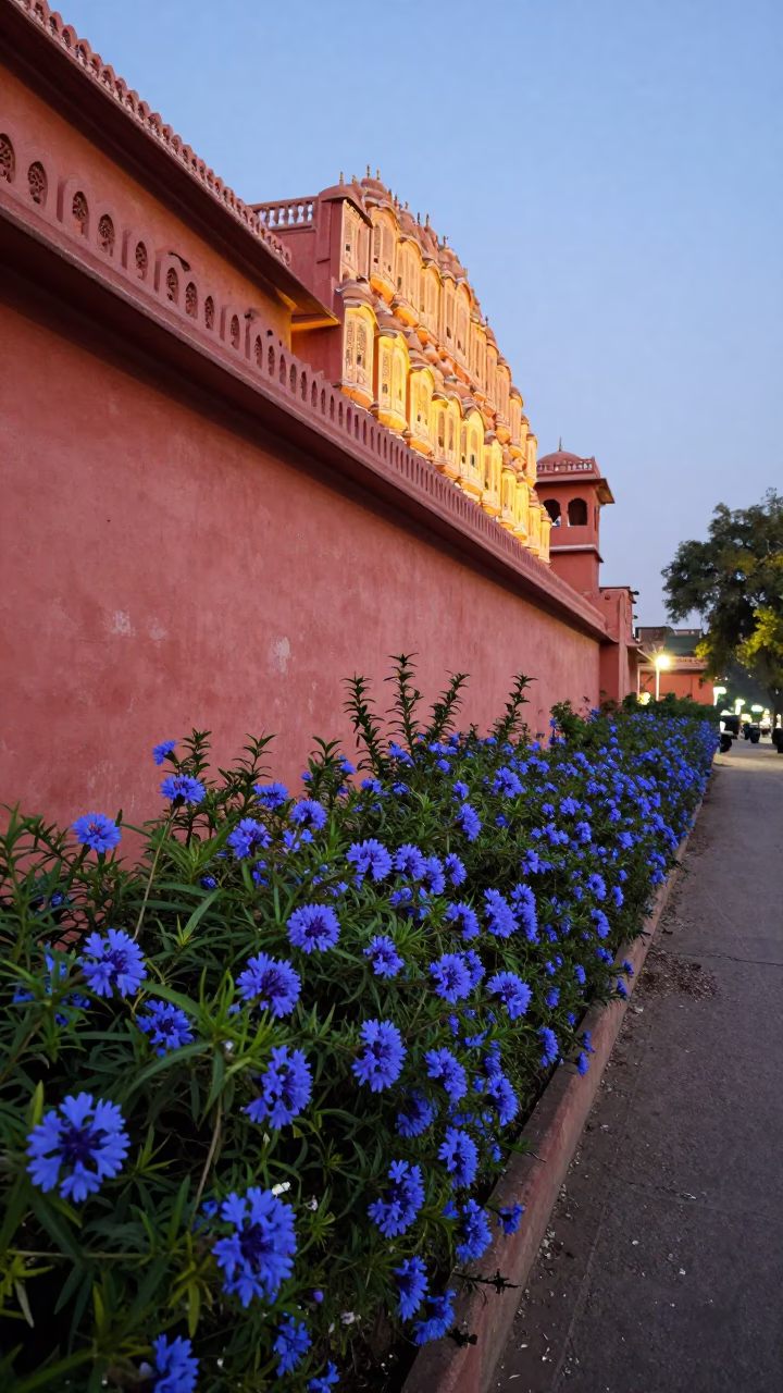 Jaipur street scene at dusk with plumbago hedge and vintage motorcycle in in Jaipur, India
