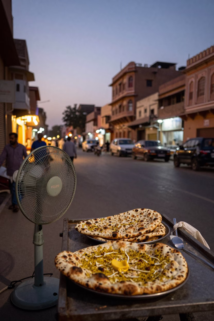 Jaipur street scene at dusk with table fan and naan bread near traditional architecture in in Jaipur, India