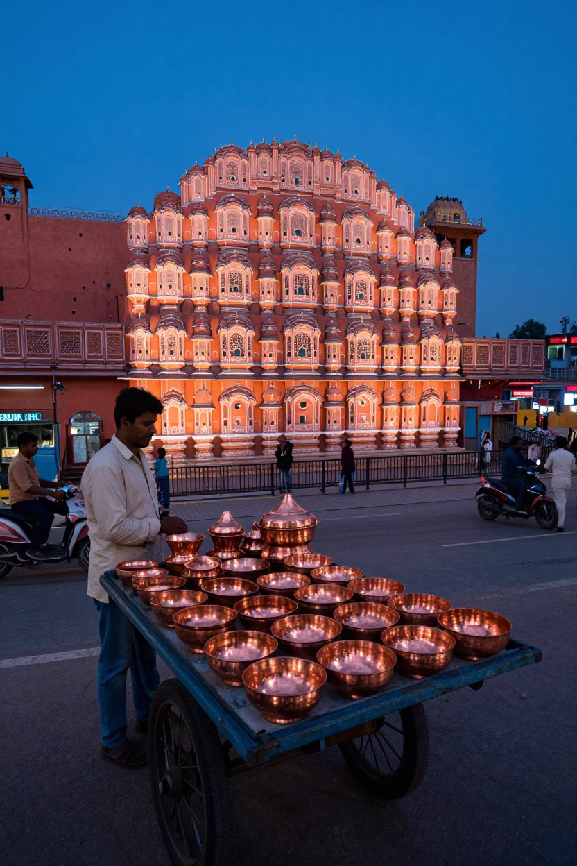 Jaipur Street Scene at Dusk with Traditional Copper Utensils and City Lights in in Jaipur, India