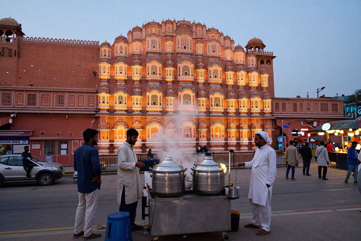 Jaipur street scene at dusk with vendor and traditional architecture in in Jaipur, India