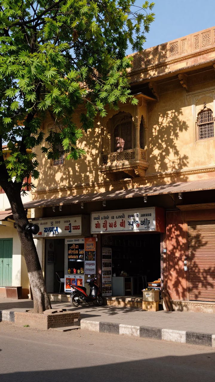 Jaipur Street Scene at Midday with Leaf Shadows and Traditional Architecture in in Jaipur, India