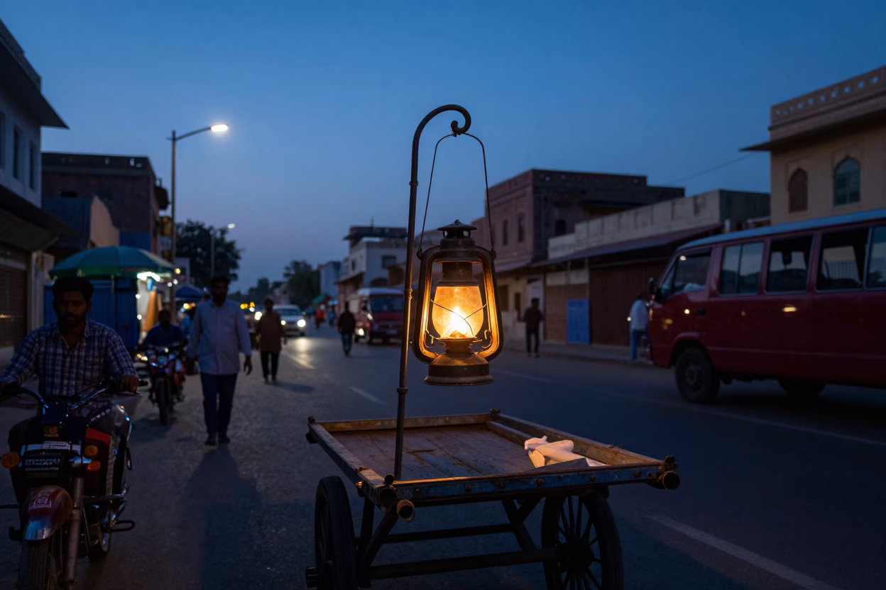 Jaipur street scene at nautical dawn with oil lamp light and traditional architecture in in Jaipur, India
