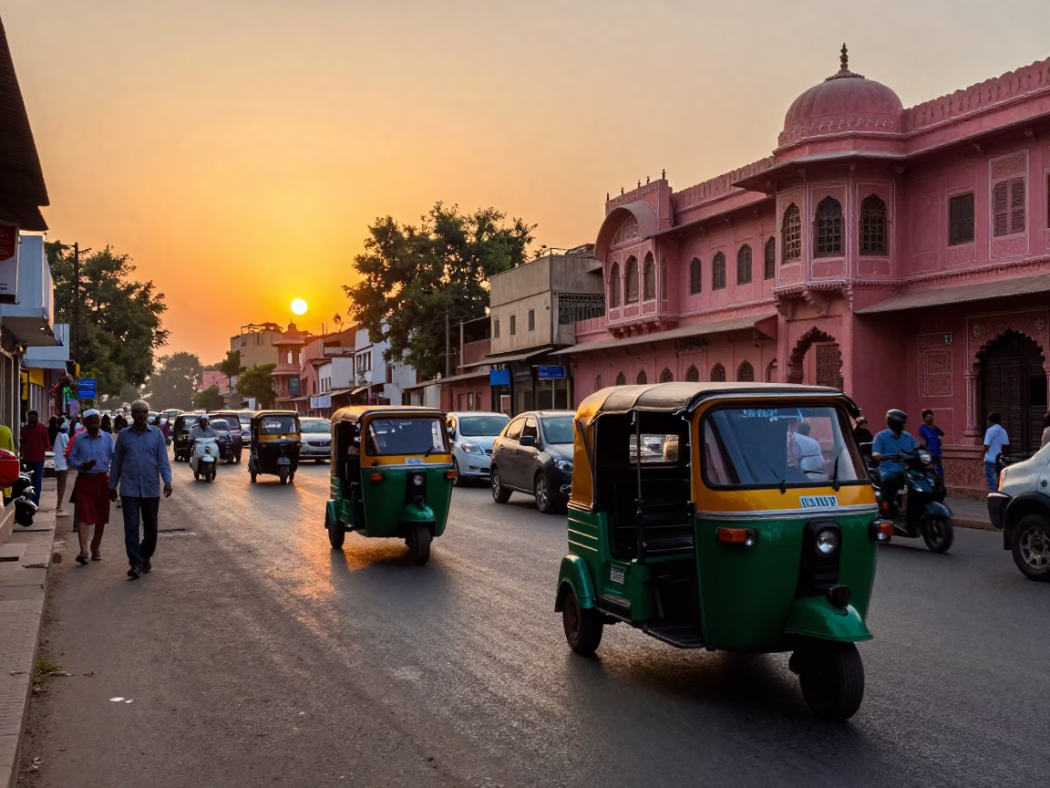 Jaipur Street Scene at Sunset with Auto-Rickshaw and Traditional Pink Architecture in in Jaipur, India
