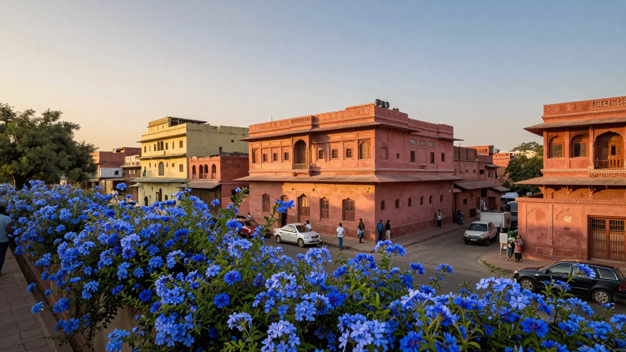 Jaipur Street Scene at Sunset with Blue Plumbago Hedge and Local Vendor in in Jaipur, India