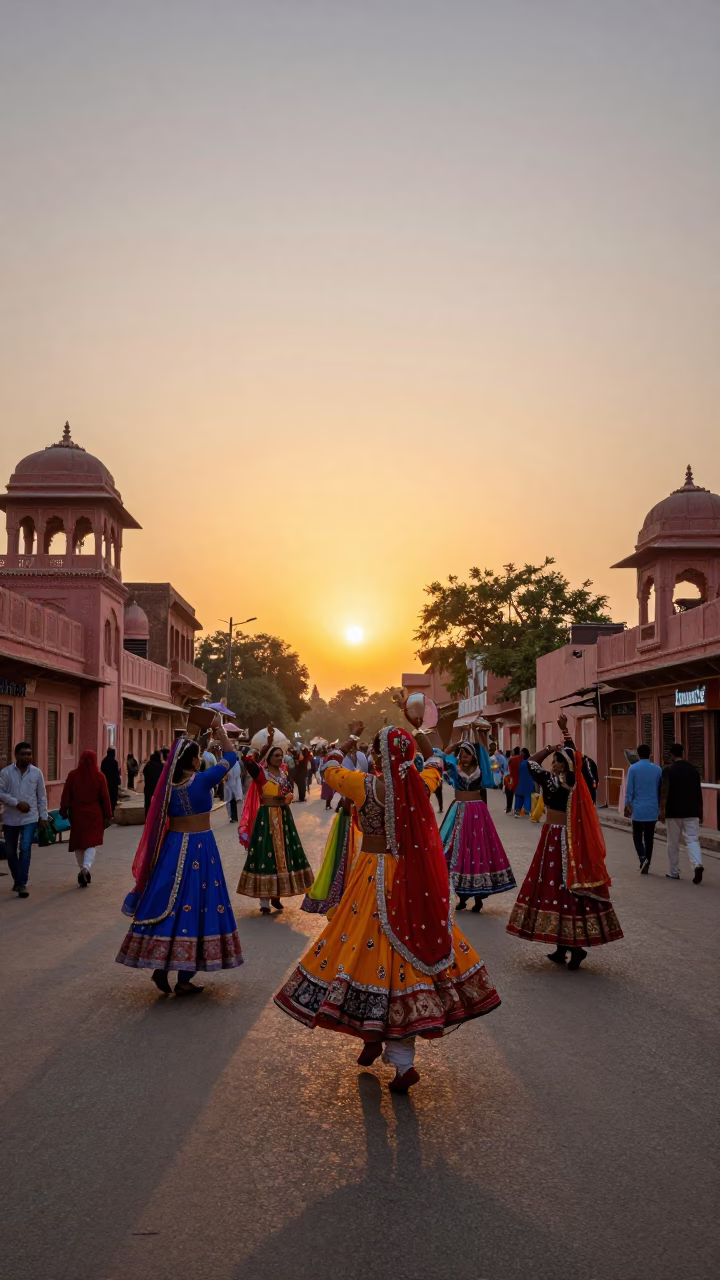 Jaipur Street Scene at Sunset with Colorful Garba Dance and Traditional Basket in in Jaipur, India
