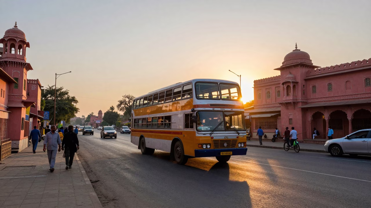 Jaipur Street Scene at Sunset with Double-Decker Bus and Vintage Details in in Jaipur, India