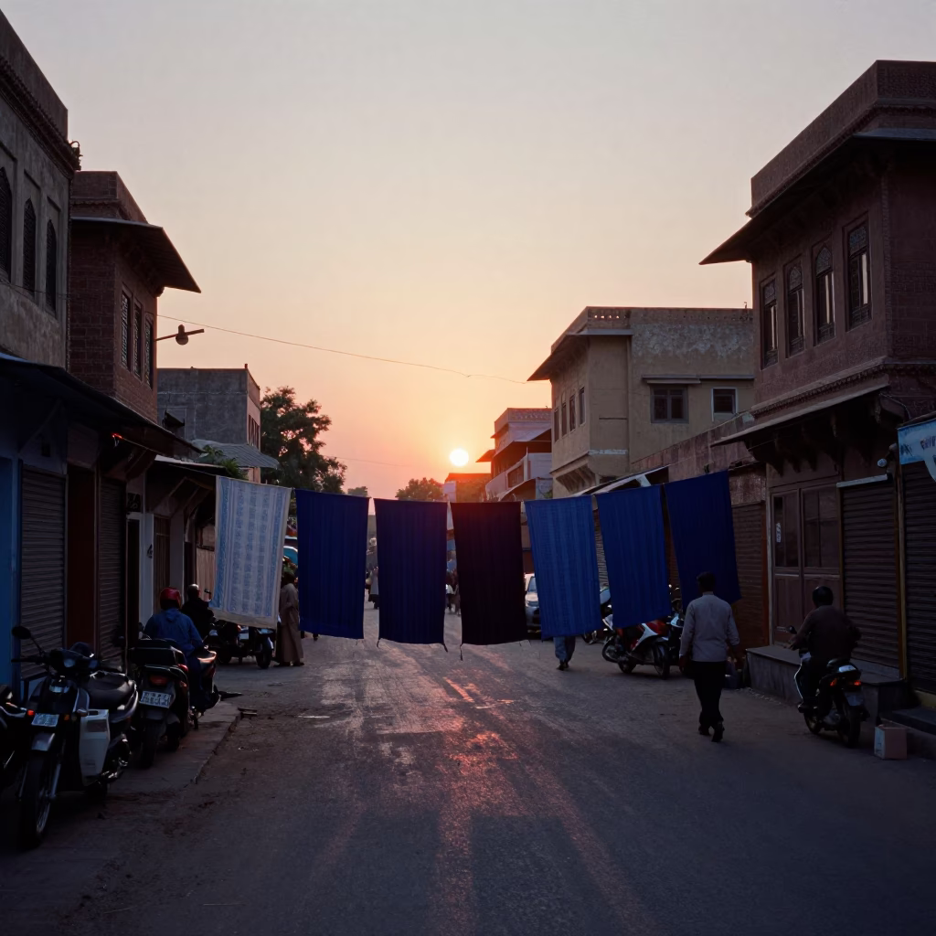 Jaipur street scene at sunset with indigo fabric drying and local vendor activity in in Jaipur, India
