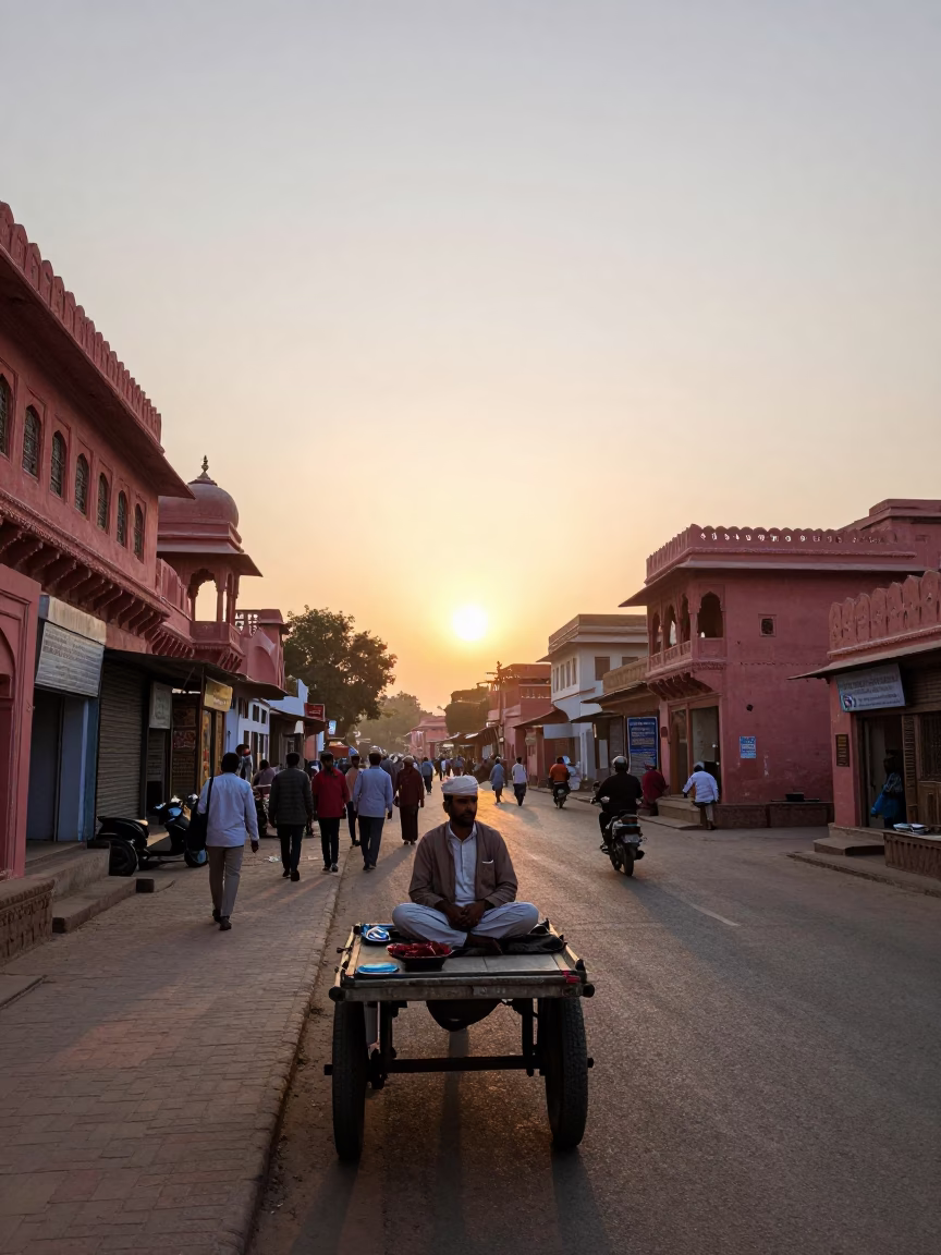 Jaipur Street Scene at Sunset with Local Vendor and Traditional Architecture in in Jaipur, India