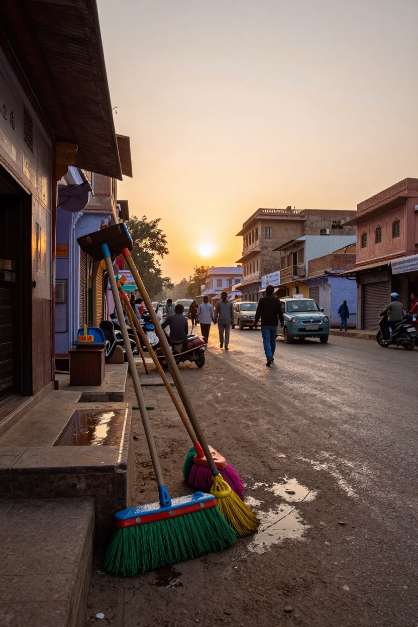 Jaipur Street Scene at Sunset with Mops and Local Activity in in Jaipur, India