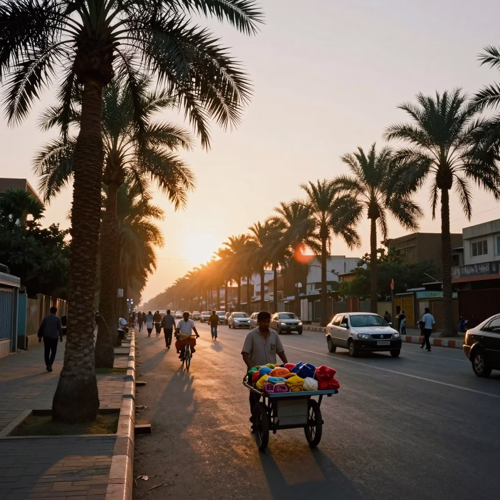 Jaipur Street Scene at Sunset with Palm Tree Avenue and Rolling Carts in in Jaipur, India