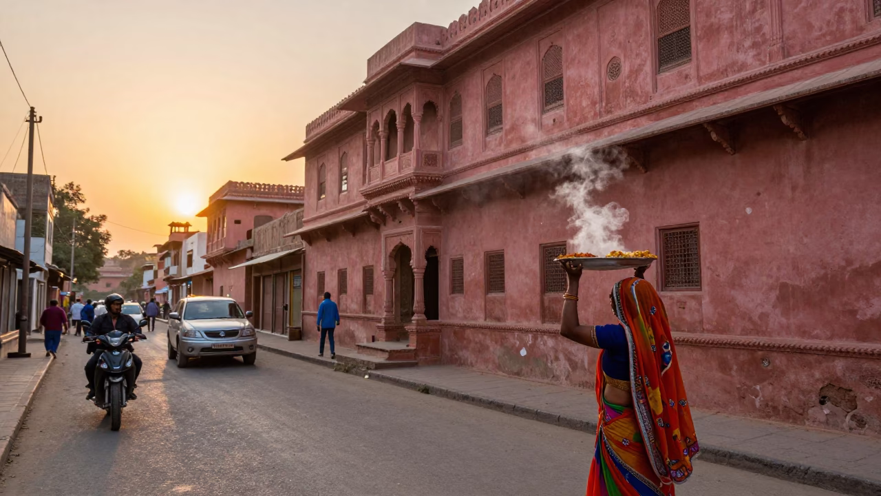 Jaipur Street Scene at Sunset with Traditional Architecture and Daily Life in in Jaipur, India