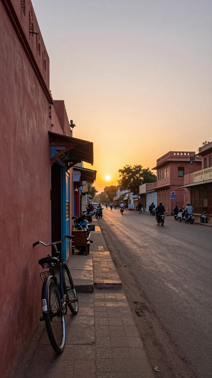 Jaipur Street Scene at Sunset with Vintage Bicycle and Brass Details in in Jaipur, India