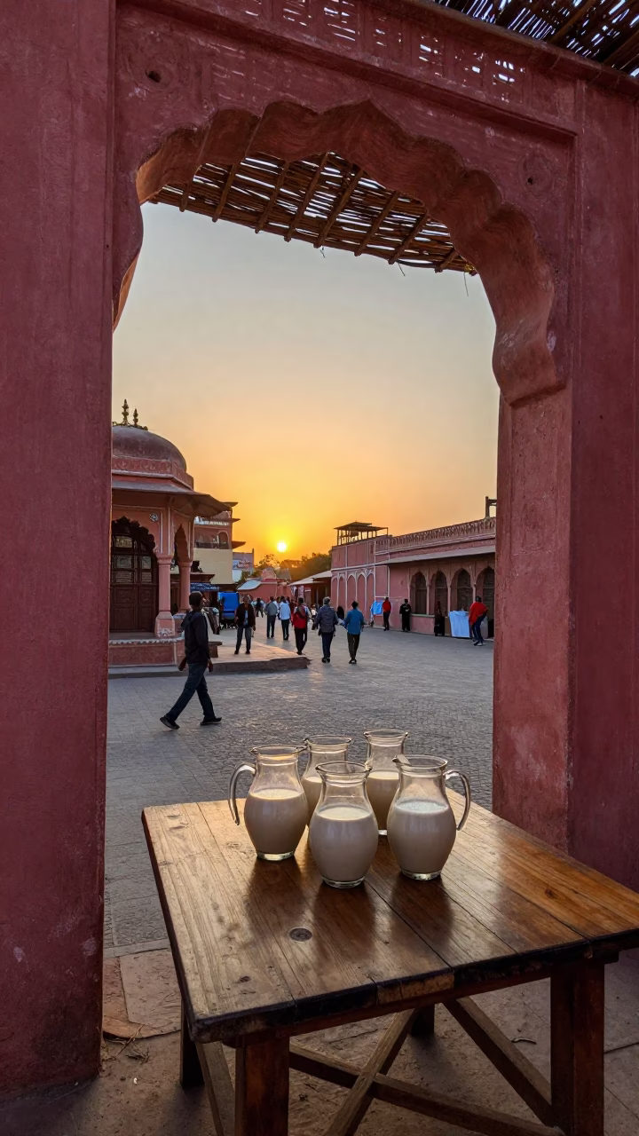 Jaipur Street Scene at Sunset with Wicker Shadows and Glass Pitchers in Traditional Courtyard in in Jaipur, India