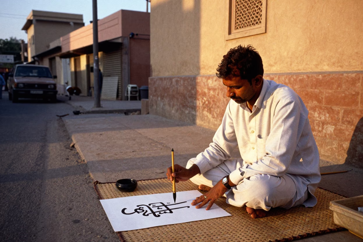 Jaipur Street Scene Honeyed Evening Light Traditional Calligraphy Demonstration Pink City Architecture in in Jaipur, India