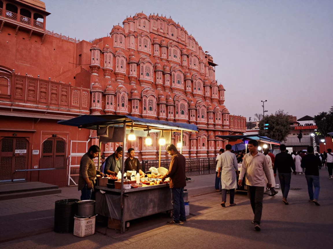 Jaipur Street Scene in Copper Dusk Light with Local Vendor and Traditional Architecture in in Jaipur, India