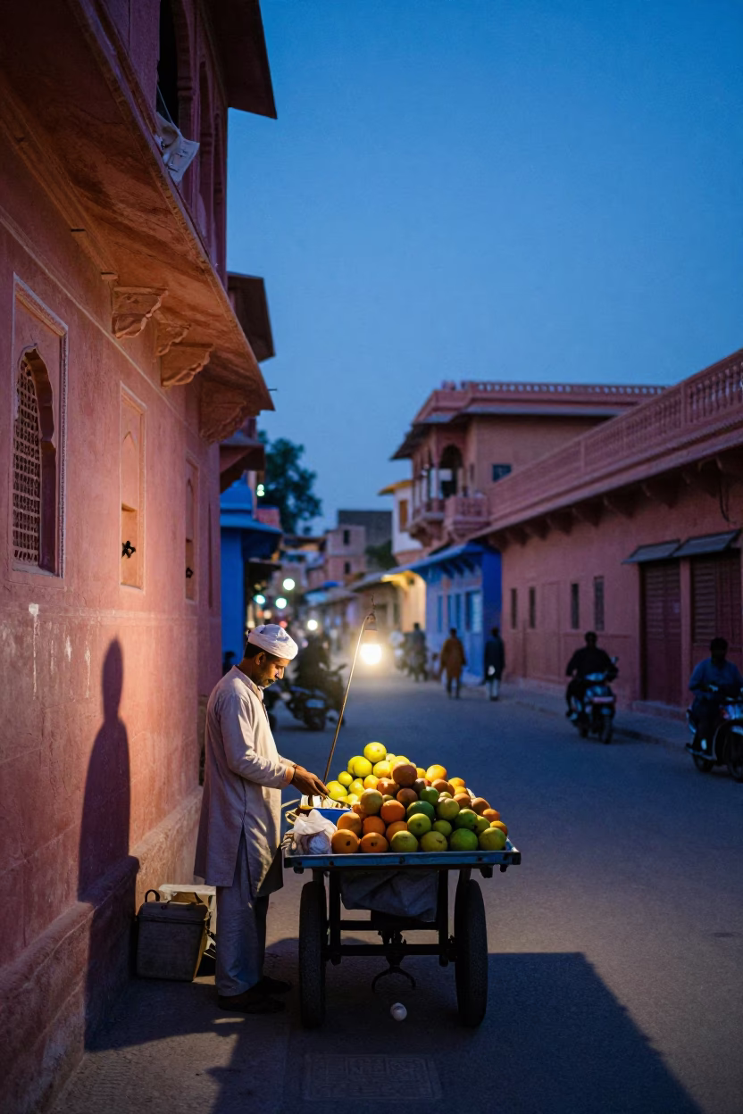 Jaipur Street Scene in Indigo Twilight with Local Vendor and Traditional Decor in in Jaipur, India