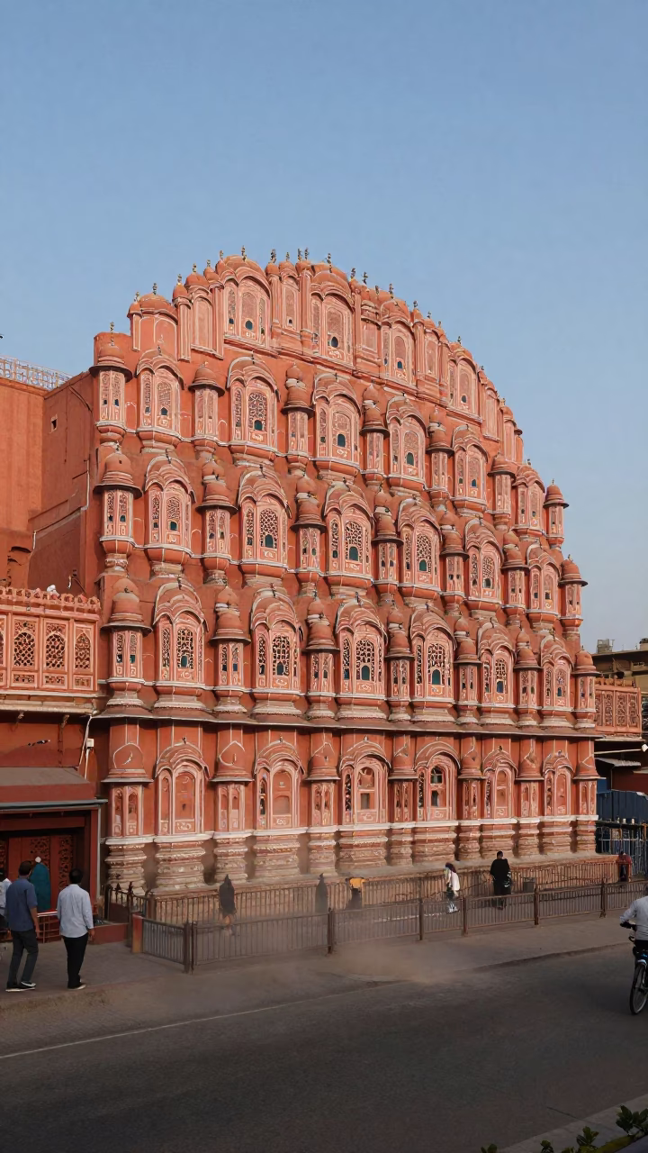Jaipur Street Scene Late Afternoon Dust on Pink Sandstone Wall in in Jaipur, India