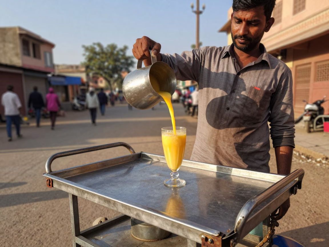Jaipur Street Scene Late Afternoon Light Mango Lassi and Pink City Architecture in in Jaipur, India