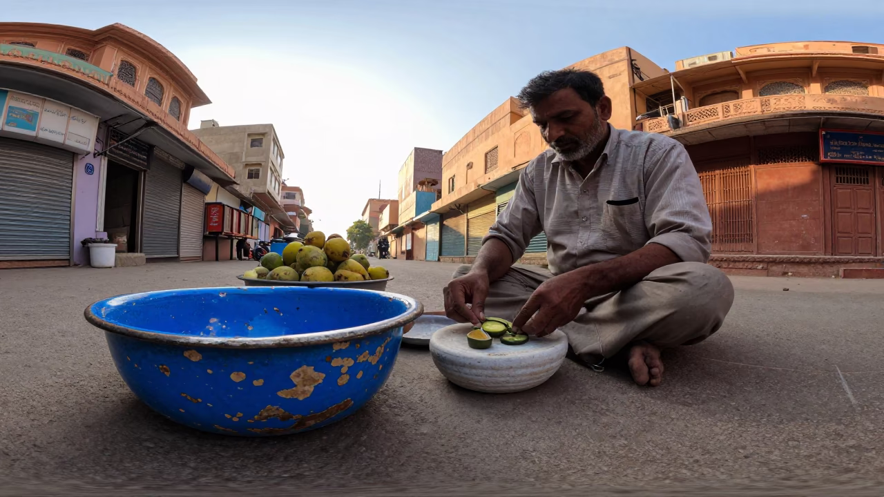 Jaipur Street Scene Late Afternoon with Chipped Blue Enamel Bowl and Onions in in Jaipur, India