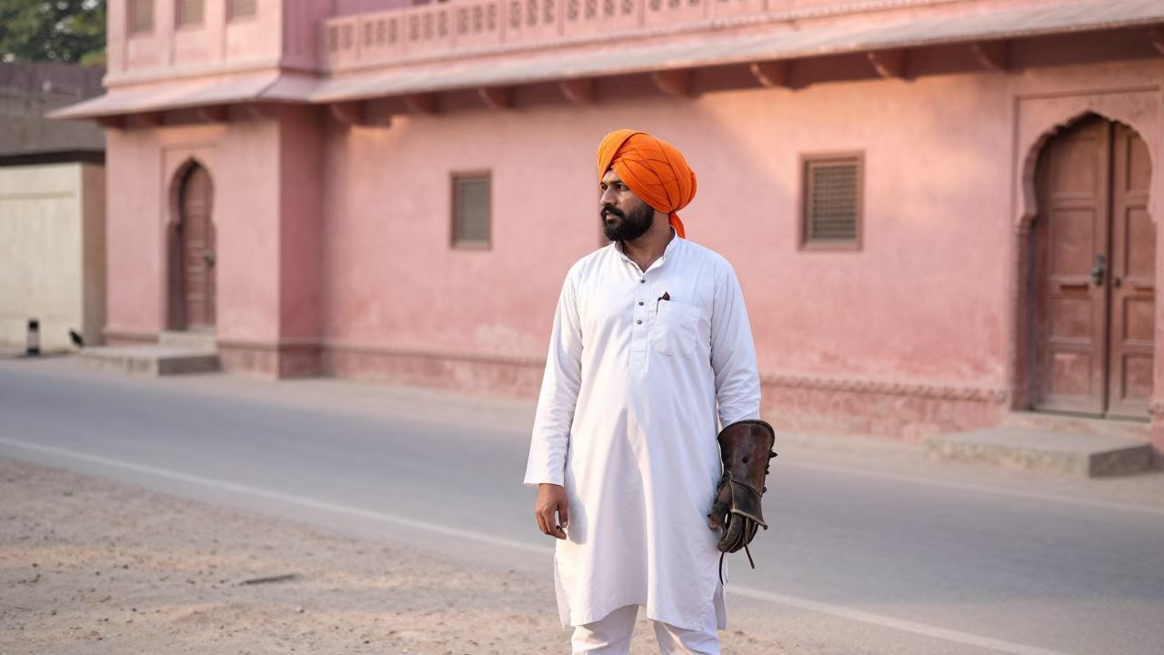 Jaipur street scene late morning hawk falconer leather gauntlet releasing bird in in Jaipur, India