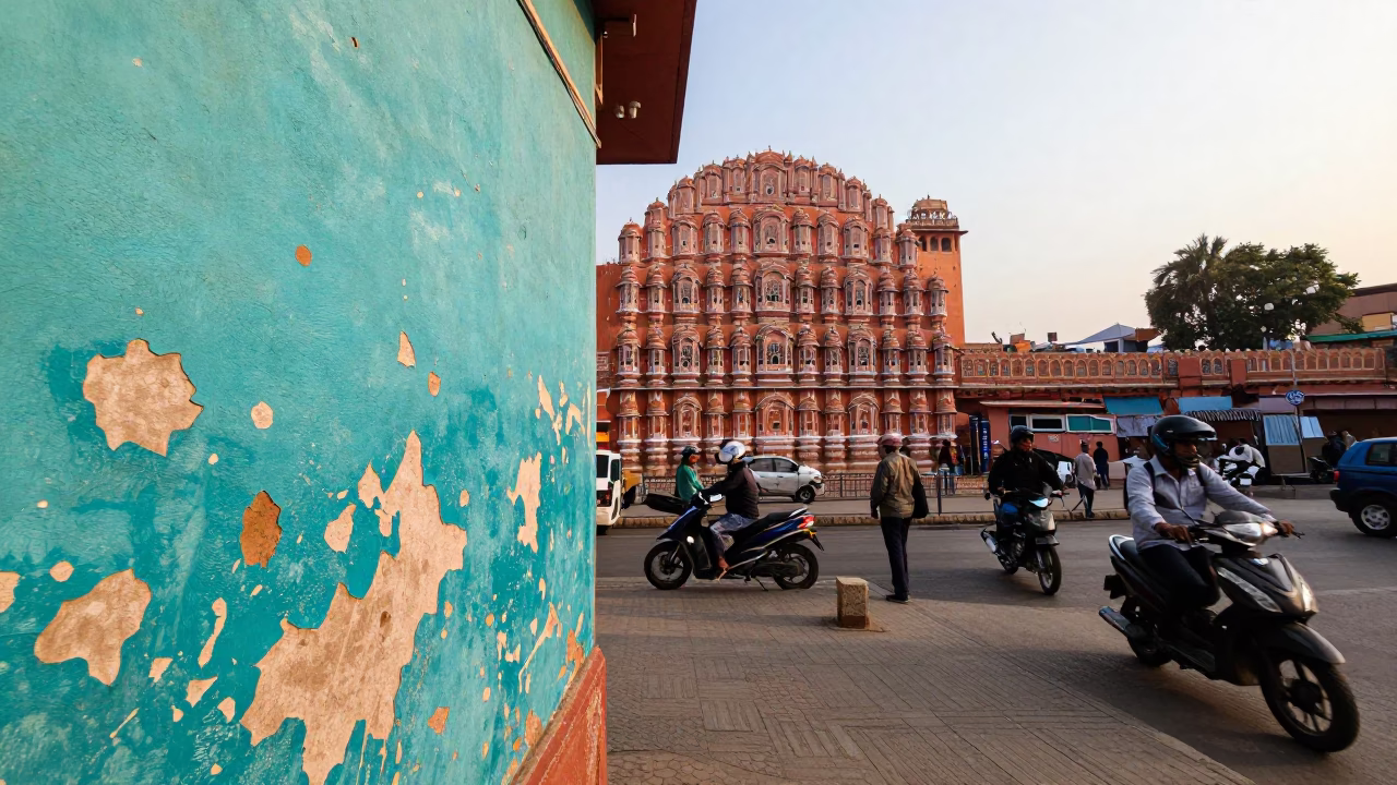 Jaipur Street Scene Late Morning Peeling Turquoise Paint and Vintage Trolley Carriage in in Jaipur, India
