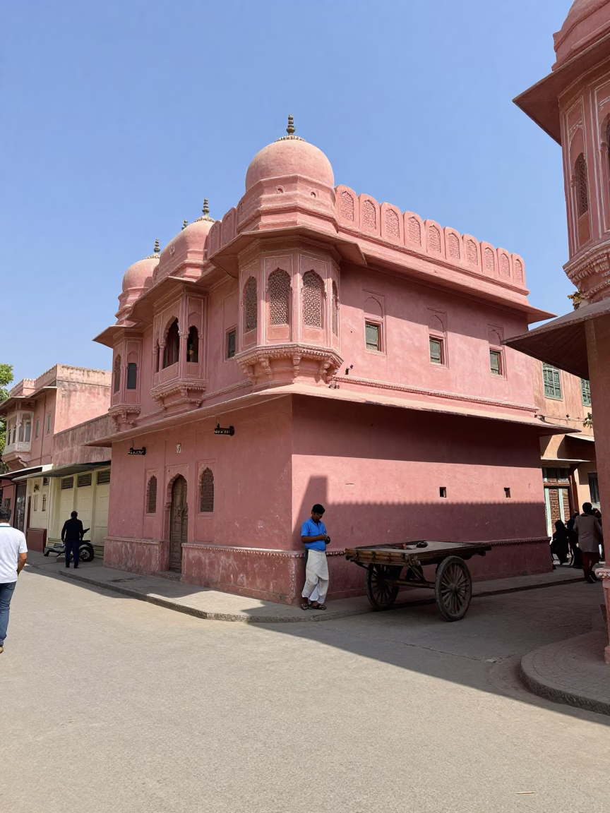Jaipur Street Scene Midday Sunlight Pink City Architecture and Local Commerce in in Jaipur, India